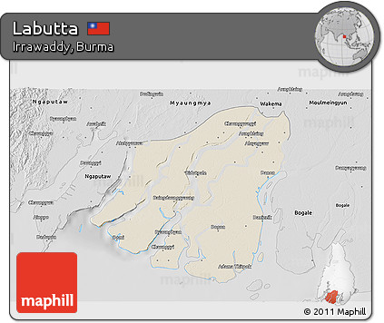 Shaded Relief 3D Map of Labutta, desaturated