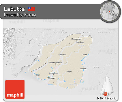 Shaded Relief 3D Map of Labutta, lighten, desaturated