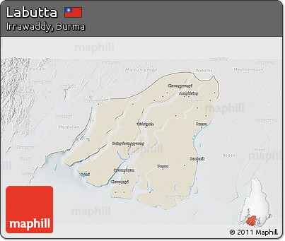 Shaded Relief 3D Map of Labutta, lighten, semi-desaturated