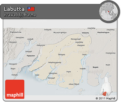 Shaded Relief 3D Map of Labutta, semi-desaturated