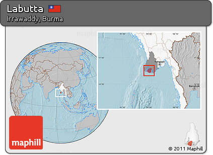 Gray Location Map of Labutta, highlighted country, highlighted parent region, hill shading