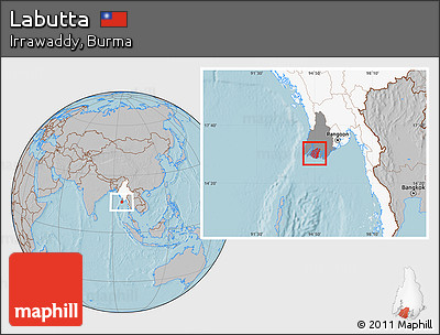 Gray Location Map of Labutta, highlighted country, highlighted parent region, hill shading
