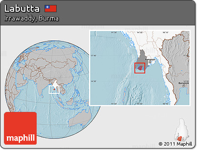 Gray Location Map of Labutta, highlighted country, highlighted parent region, hill shading