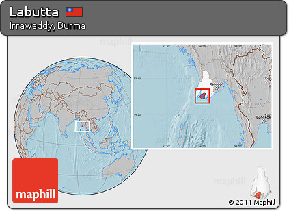 Gray Location Map of Labutta, highlighted parent region, hill shading
