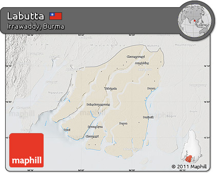 Shaded Relief Map of Labutta, lighten, semi-desaturated