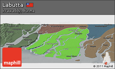 Political Panoramic Map of Labutta, darken, semi-desaturated