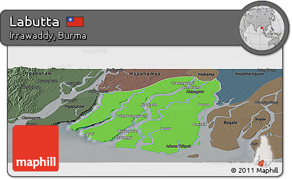 Political Panoramic Map of Labutta, darken, semi-desaturated