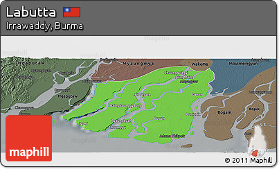 Political Panoramic Map of Labutta, darken, semi-desaturated