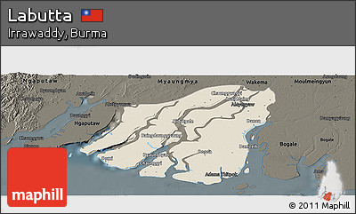 Shaded Relief Panoramic Map of Labutta, darken