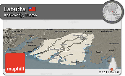 Shaded Relief Panoramic Map of Labutta, darken