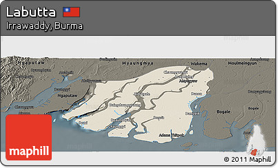 Shaded Relief Panoramic Map of Labutta, darken