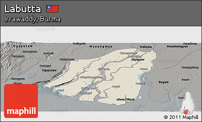 Shaded Relief Panoramic Map of Labutta, darken, semi-desaturated