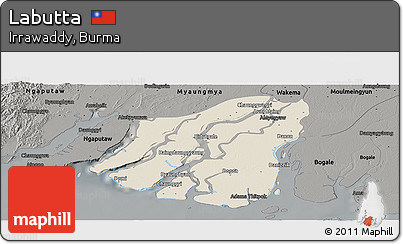 Shaded Relief Panoramic Map of Labutta, darken, semi-desaturated