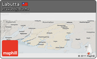 Shaded Relief Panoramic Map of Labutta, semi-desaturated