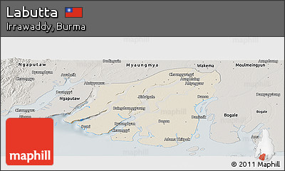 Shaded Relief Panoramic Map of Labutta, semi-desaturated