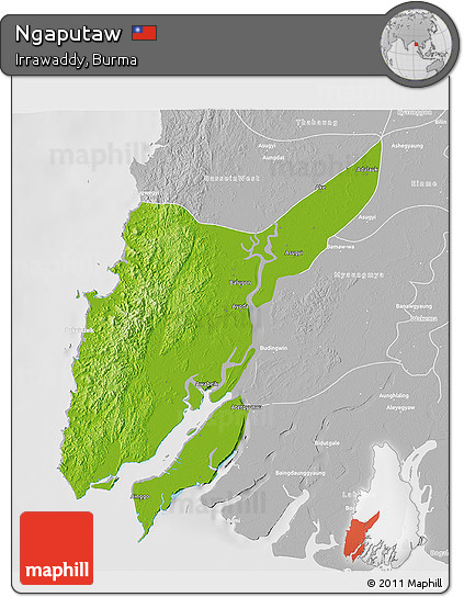 Physical 3D Map of Ngaputaw, lighten, desaturated