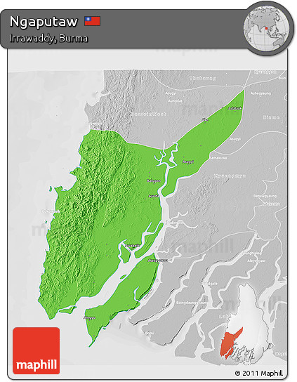 Political 3D Map of Ngaputaw, lighten, desaturated
