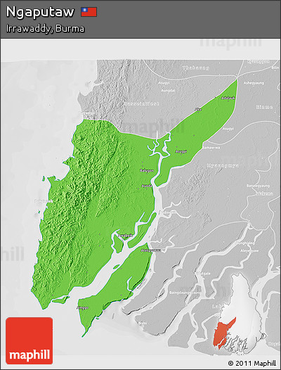 Political 3D Map of Ngaputaw, lighten, desaturated