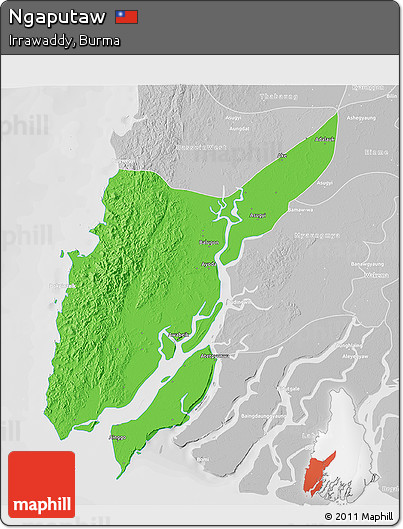 Political 3D Map of Ngaputaw, lighten, desaturated