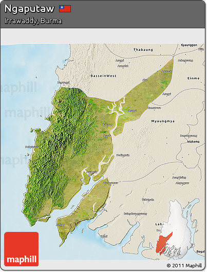 Satellite 3D Map of Ngaputaw, shaded relief outside