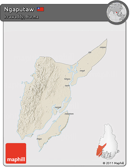 Shaded Relief 3D Map of Ngaputaw, cropped outside