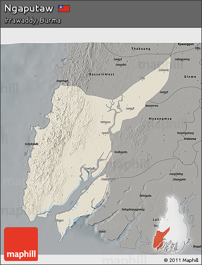 Shaded Relief 3D Map of Ngaputaw, darken, semi-desaturated