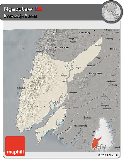 Shaded Relief 3D Map of Ngaputaw, darken, semi-desaturated