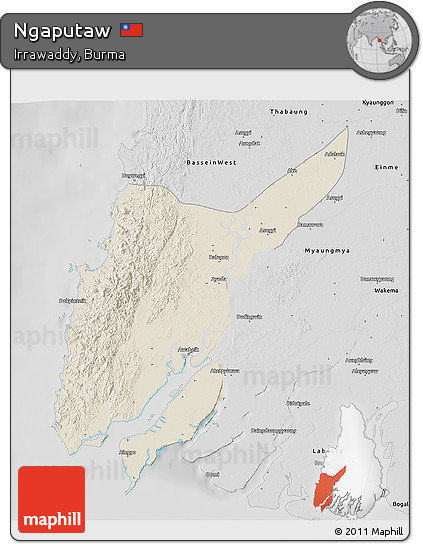 Shaded Relief 3D Map of Ngaputaw, desaturated