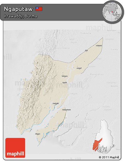 Shaded Relief 3D Map of Ngaputaw, lighten, desaturated