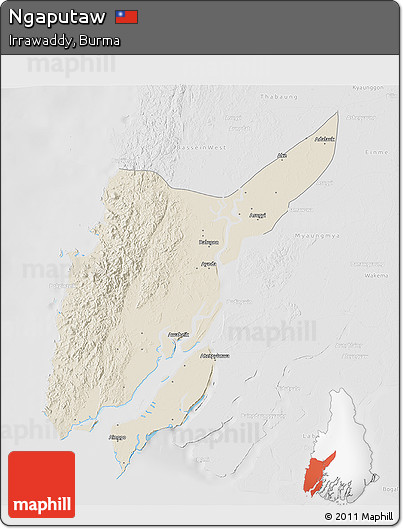 Shaded Relief 3D Map of Ngaputaw, lighten, desaturated