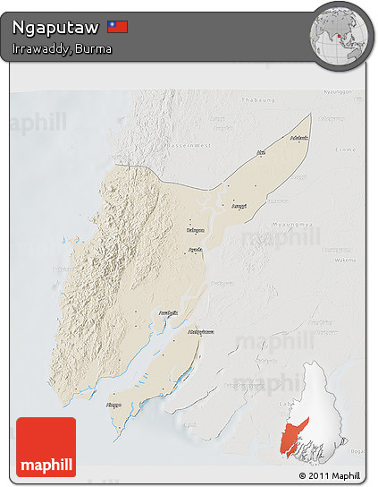 Shaded Relief 3D Map of Ngaputaw, lighten, semi-desaturated