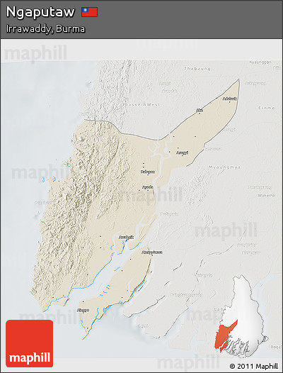 Shaded Relief 3D Map of Ngaputaw, lighten, semi-desaturated