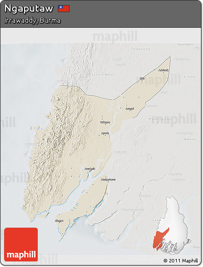 Shaded Relief 3D Map of Ngaputaw, lighten, semi-desaturated