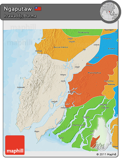 Shaded Relief 3D Map of Ngaputaw, political outside