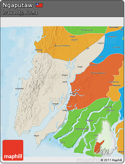 Shaded Relief 3D Map of Ngaputaw, political outside