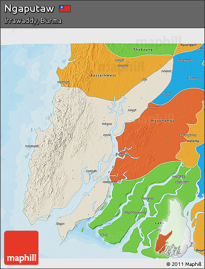 Shaded Relief 3D Map of Ngaputaw, political outside