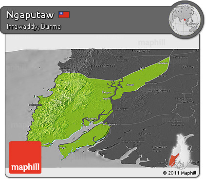 Physical Panoramic Map of Ngaputaw, darken, desaturated