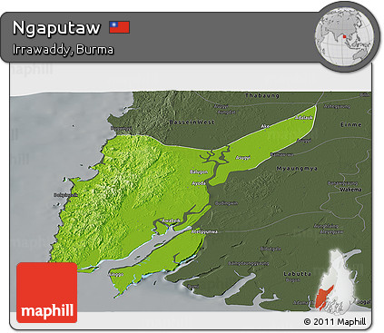 Physical Panoramic Map of Ngaputaw, darken, semi-desaturated