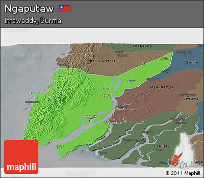Political Panoramic Map of Ngaputaw, darken, semi-desaturated