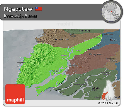 Political Panoramic Map of Ngaputaw, darken, semi-desaturated