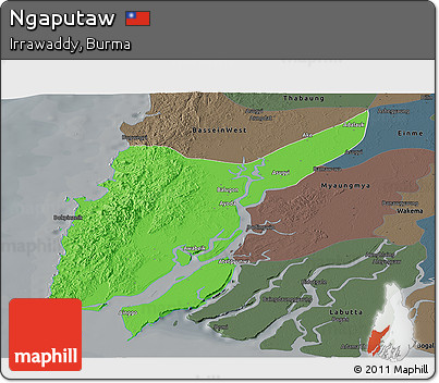Political Panoramic Map of Ngaputaw, darken, semi-desaturated