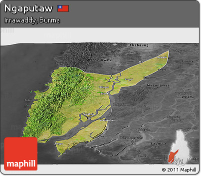 Satellite Panoramic Map of Ngaputaw, darken, desaturated