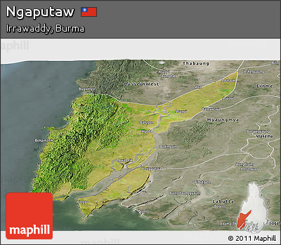 Satellite Panoramic Map of Ngaputaw, semi-desaturated