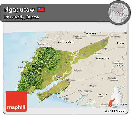 Satellite Panoramic Map of Ngaputaw, shaded relief outside