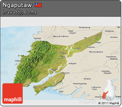 Satellite Panoramic Map of Ngaputaw, shaded relief outside
