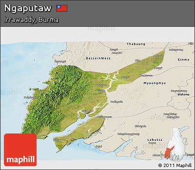 Satellite Panoramic Map of Ngaputaw, shaded relief outside