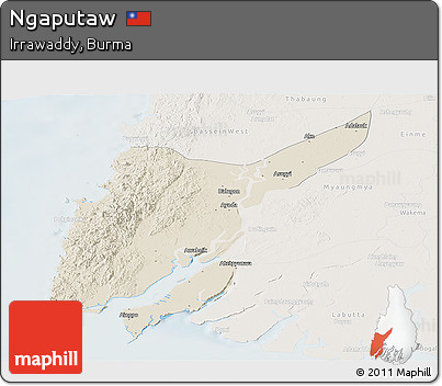 Shaded Relief Panoramic Map of Ngaputaw, lighten