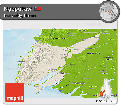 Shaded Relief Panoramic Map of Ngaputaw, physical outside