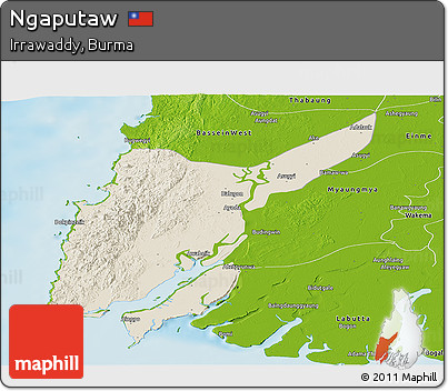 Shaded Relief Panoramic Map of Ngaputaw, physical outside