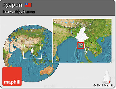 Satellite Location Map of Pyapon, highlighted country, highlighted parent region, within the entire country